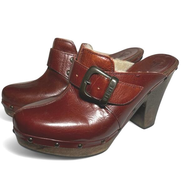 Frye Shoes - Frye Ella Clogs Stud Burgundy Leather Shearling Wood High Heels Womens 7